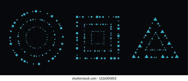 Circle, square, triangle geometric frames or borders that formed by triangle, square and circle shapes. Applicable for posters, banners, cards design elements. Vector illustration