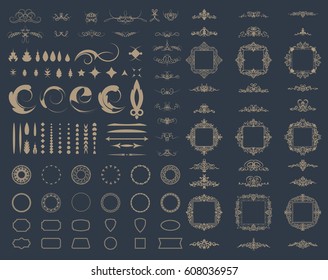 Circle and square wicker rosette in vintage style. VectorSet flourish border & line for decorative of business text, restaurant menu & logo. Calligraphic design element and page decoration. RetroFrame