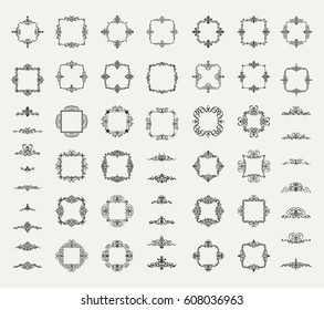 Circle and square wicker rosette in vintage style. VectorSet flourish border & line for decorative of business text, restaurant menu & logo. Calligraphic design element and page decoration. RetroFrame