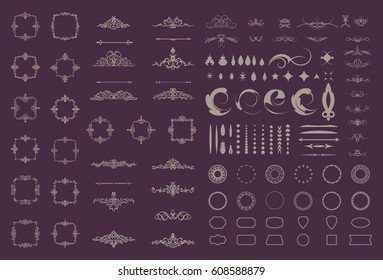 Circle and square wicker rosette in vintage style. Vector Set flourish border & line for decorative of business text, restaurant menu & logo. Calligraphic design element and page decoration.  