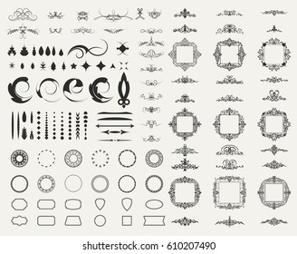 Circle and square wicker rosette in vintage style. VectorSet flourish border & line for decorative of business text, restaurant menu & logo. Calligraphic design element and page decoration. RetroFrame