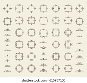 Circle and square wicker rosette in vintage style. VectorSet flourish border & line for decorative of business text, restaurant menu & logo. Calligraphic design element and page decoration. RetroFrame