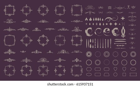 Circle and square wicker rosette in vintage style. VectorSet flourish border & line for decorative of business text, restaurant menu & logo. Calligraphic design element and page decoration. RetroFrame