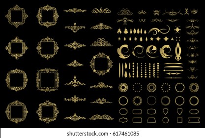 Circle and square wicker rosette in vintage style. VectorSet flourish border & line for decorative of business text, restaurant menu & logo. Calligraphic design element and page decoration. RetroFrame