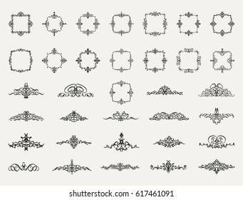 Circle and square wicker rosette in vintage style. VectorSet flourish border & line for decorative of business text, restaurant menu & logo. Calligraphic design element and page decoration. RetroFrame