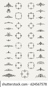 Circle and square wicker rosette in vintage style. VectorSet flourish border & line for decorative of business text, restaurant menu & logo. Calligraphic design element and page decoration. RetroFrame