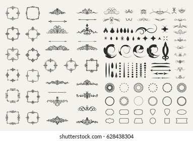 Circle and square wicker rosette in vintage style. VectorSet flourish border & line for decorative of business text, restaurant menu & logo. Calligraphic design element and page decoration. RetroFrame