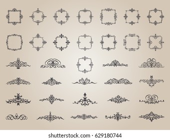 Circle and square wicker rosette in vintage style. VectorSet flourish border & line for decorative of business text, restaurant menu & logo. Calligraphic design element and page decoration. RetroFrame