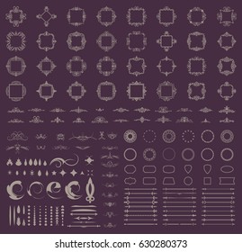 Circle and square wicker rosette in vintage style. VectorSet flourish border & line for decorative of business text, restaurant menu & logo. Calligraphic design element and page decoration. RetroFrame