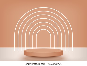 Circle stage podium decor with rainbow arch shape.Pedestal scene with for product stand, advertising, show, winner, award, on brown background.Abstract platform.Base minimal style.Vector illustration.