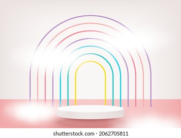 Decoración de podio de escenario circular con forma de arco iris, nubes. Escena peatonal con para stand de productos, publicidad, show, ganador, sobre un fondo de melocotón rosa. Resumen de la base de plataformas. Ilustración vectorial.