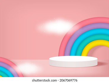 Circle stage podium decor with rainbows shape, clouds. 3d pedestal summer scene or platform for product display, show, on soft pink background. Abstract studio backdrop.Kids style.Vector illustration.