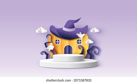 Circle stage podium with Halloween Pumpkin House. Circle mockup template of Halloween. paper cut and craft style. vector, illustration.