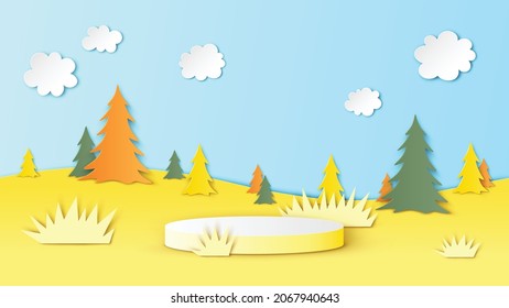 Podio de escenario circular en el paisaje pradera de otoño. El paisaje de la pradera otoñal. Paisaje otoñal. corte de papel y estilo artesanal. vector, iluminador