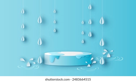 Podio de escenario de círculo para lluvia decorado con gotas de lluvia colgando y espacio en blanco. Telón de fondo de temporada de lluvias. Maqueta lluviosa. corte de papel y estilo artesanal. Vector, ilustración.
