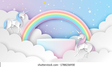 Circle stage podium scene couple Unicorn on beautiful sky with rainbow. Couple Unicorn on beautiful sky. paper cut and craft design. vector, illustration.