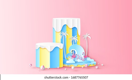 Circle stage podium scene decorated with sea waves, coconut tree and flamingo bird couple. Summer stage podium. paper cut and craft style. vector, illustration.