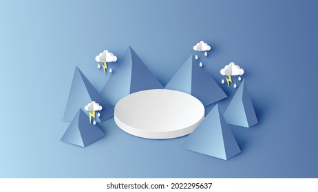 Circle stage podium scene with mountain view in rainy season. Rainy season stage podium mockup template. paper cut and craft style. vector, illustration.