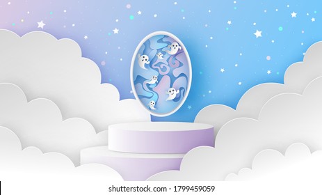 Circle stage podium scene on night sky with baby ghost spirit flying out the soul gate on Halloween. Ghost spirit in the magic gate. paper cut and craft style. vector, illustration.