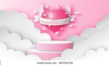 Circle stage podium scene with winged heart and text Happy Valentine’s Day on ribbon. Heart is spread flying wing. paper cut and craft style. vector, illustration.