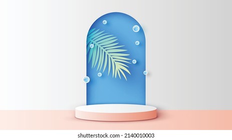 Circle stage podium for Summer with bubble, tropical leaves background and blank space. Summer mockup template. paper cut and craft style. vector, illustration.