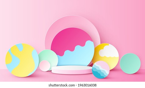 Circle stage podium for Summer decorate with colorful circles background and blank space. Summer mockup template. paper cut and craft style. vector, illustration.