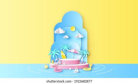 Circle stage podium for Summer decorated with beach equipment and blank space. Summer sea mockup template. paper cut and craft style. vector, illustration.