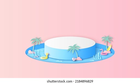 Círculo de escenario para verano decorado con equipamiento de playa y espacio en blanco. Plantilla de maquillaje de mar de verano. corte de papel y estilo artesanal. vector, ilustración.