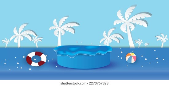 Circle stage podium for Summer decorated with beach equipment, water splash and palm trees. Summer sea mockup template. Product banner, paper cut and craft style. vector, illustration.