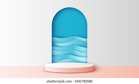 Circle stage podium for Summer with sea wave background and blank space. Summer mockup template. paper cut and craft style. vector, illustration.