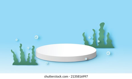 Circle stage podium of Summer with seaweed, bubbles and black space. Summer stage podium mockup template. paper cut and craft style. vector, illustration.