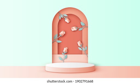 Circle stage podium for Valentine's decorated with Rose and blank space. Valentine's mockup template. paper cut and craft style. vector, illustration.