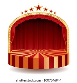 circle stage with red curtain, lamps and stars, show business background