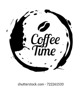 Circle of stain coffee cup. Coffee grain and letters coffee time. Vector