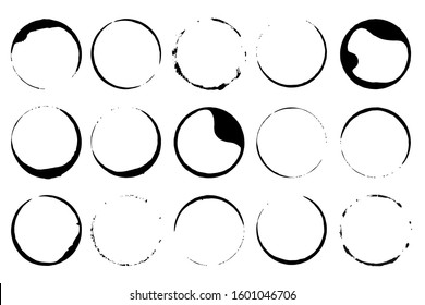 Circle stain traces texture set. Black ink, coffee rings. Round spot group isolated on white background. Freehand shapes grunge concept design element collection. Vector abstract graphic decoration