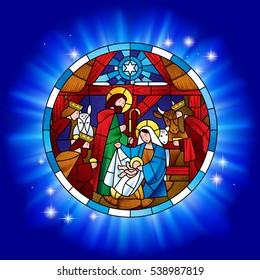 Circle stained glass with the Christmas and Adoration of the Magi scene in blue shining. Vector illustration