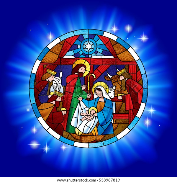 円のステンドグラスにクリスマスとマギのシーンが青く輝いて崇拝されている ベクターイラスト のベクター画像素材 ロイヤリティフリー