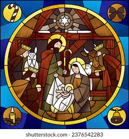 Circle stained glass with the Nativity and Adoration of the Magi scene in beige and brown colors on blue and Christmas symbol icons. Vector illustration