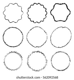 Circle Stamp set Decorative background. Black grunge scratched overlay circular texture collection. Thin messy edge button icon logo lable or badge cover. Distress stroke cover template. EPS10 vector.