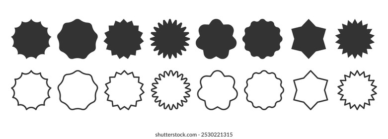 Circle Stamp sticker set. Starburst Blank simple shape. Wavy edge promo Sale Price tag blank icon. Black silhouette and Line Frame. Flat design labels. Vector illustration