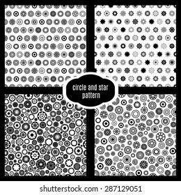 Circle and star black and white vector seamless pattern set