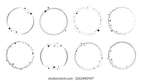 Circle star border frame set. Sparkle circle frame. Wreath round stardust border for party, birthday decor design. Laurel frame with cosmic glitter shine. Vector illustration.