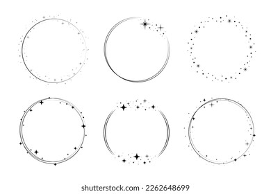 Circle star border frame set. Sparkle circle frame. Wreath round stardust border for party, birthday decor design. Laurel frame with cosmic glitter shine. Vector illustration.