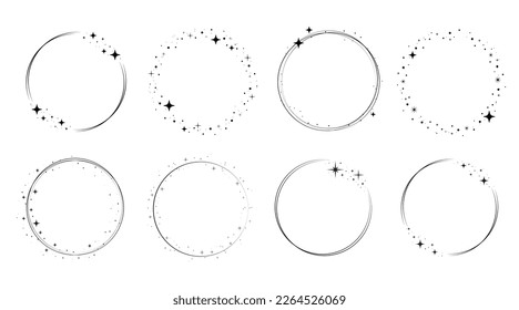 Circle star border frame set. Sparkle circle frame. Wreath round stardust border for party, birthday decor design. Laurel frame with cosmic glitter shine. Vector illustration.