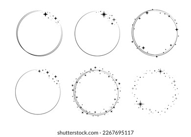 Circle star border frame set. Sparkle circle frame. Wreath round stardust border for party, birthday decor design. Laurel frame with cosmic glitter shine. Vector illustration.