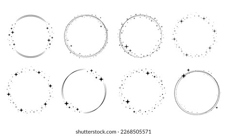 Circle star border frame set. Sparkle circle frame. Wreath round stardust border for party, birthday decor design. Laurel frame with cosmic glitter shine. Vector illustration.