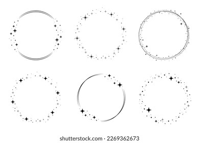 Circle star border frame set. Sparkle circle frame. Wreath round stardust border for party, birthday decor design. Laurel frame with cosmic glitter shine. Vector illustration.