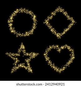 Circle, star, heart, square frame yellow gold glitter confetti with lights on black background. Vector