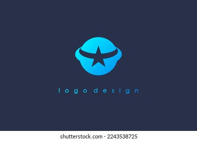 Circle Star Logo. Star With Globe isolated on Blue Background. Usable for Business and Branding Logos. Flat Vector Logo Design Template Element.