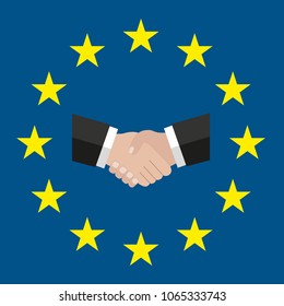 A circle of stars. Flat style. Original and simple Europe flag (EU) .Handshake. Solution.European Union flag and business handshak